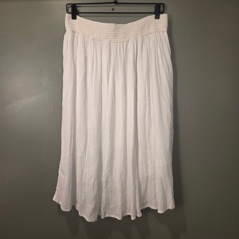 Gypsieblu Women's Pull On Crinkle Gauze Midi Skirt Size M White Lightweight